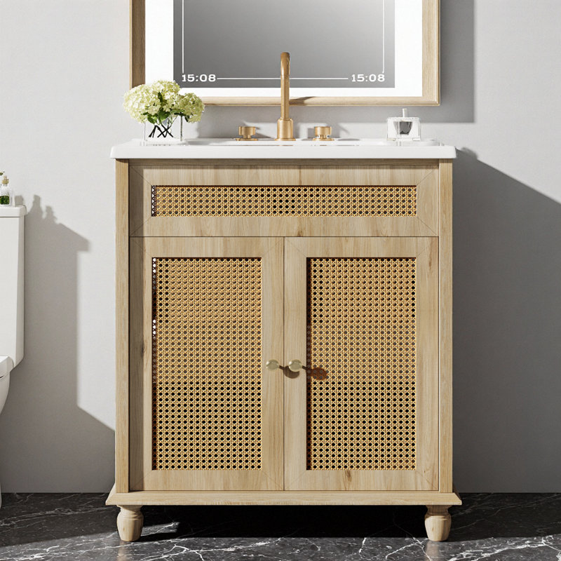 Meuble-lavabo moderne 30 po avec portes en rotin tissé à la main, cuve en résine et pieds en bois massif