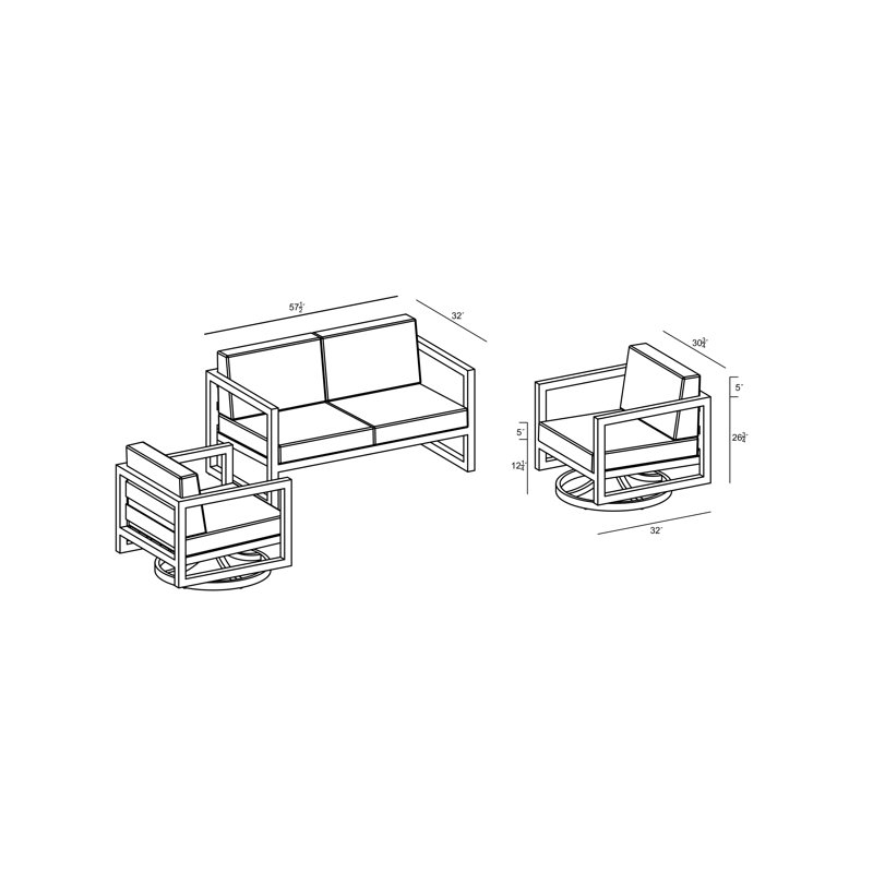 Avion 3 Piece Loveseat Set With Swivel, Slate, Canvas Henna Sunbrella® Canvas
