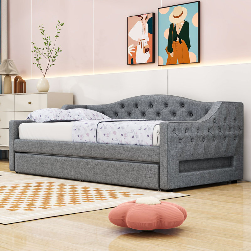 Upholstered Twin XL Daybed with Trundle and LED Belt, Gray