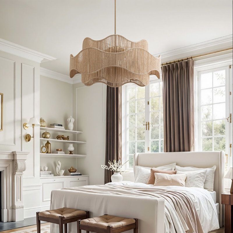 5 - Light 28" Hand-woven Rattan Boho/modern Farmhouse Drum Chandelier With Polished Brass Finish For Dining Room Or Bedroom