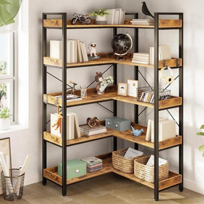 L-Shaped 5-Tier Corner Bookshelf, 66in Tall Industrial Wooden Bookcase with Open Storage Shelves and Metal Frame, Display Shelving Unit with 4 Hooks,