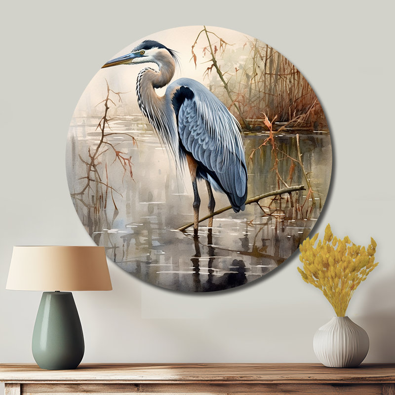 «Graceful Heron Waterbird IV», art rond en métal, H 16 po x l 16 po