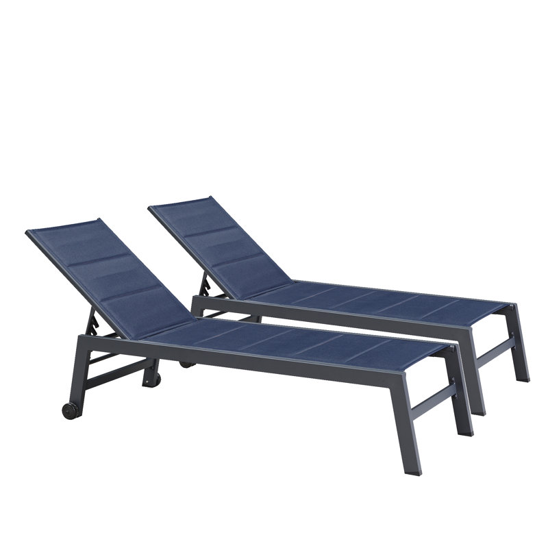 Outdoor Metal Chaise Lounge with Table, Navy Blue