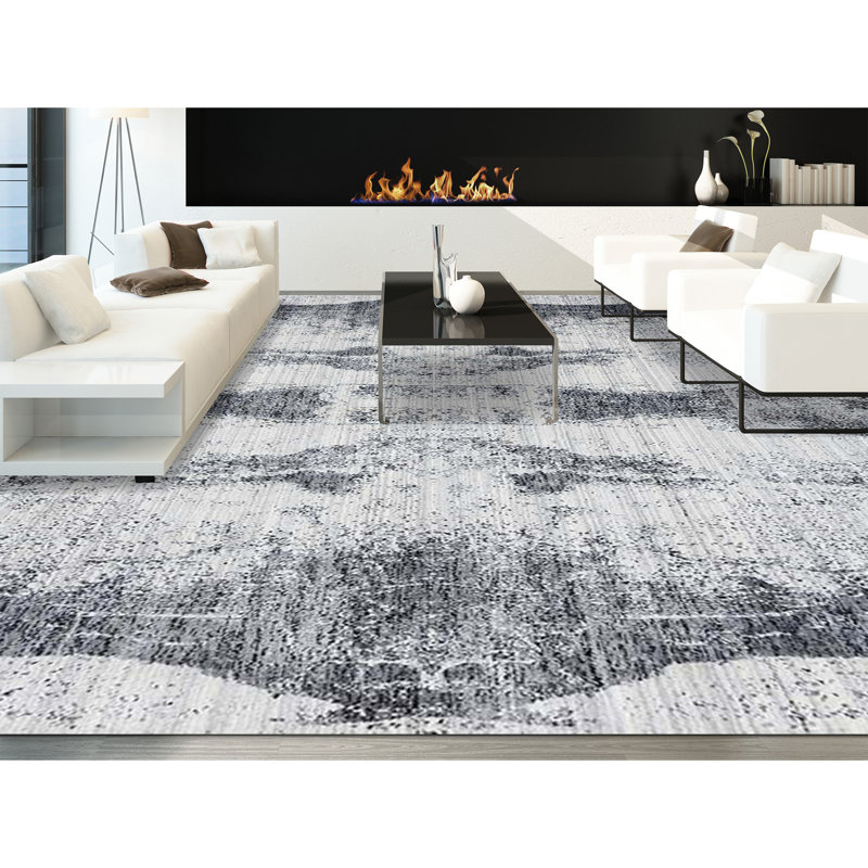 Jacquard Abstract Area Rug in Silver/Dark Gray, Rectangle 6' x 9'