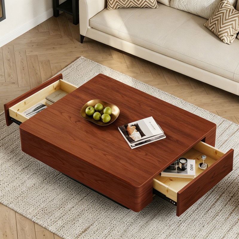 Table basse carrée en bois de 100 cm avec 2 tiroirs, style ferme moderne, idéale pour un salon.