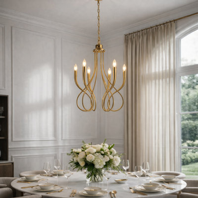 20'' 6-Light Plated Brass Candelabra Chandelier With Curved Arms Mid-Century Modern Pendant Light For Dining Room Or Entryway