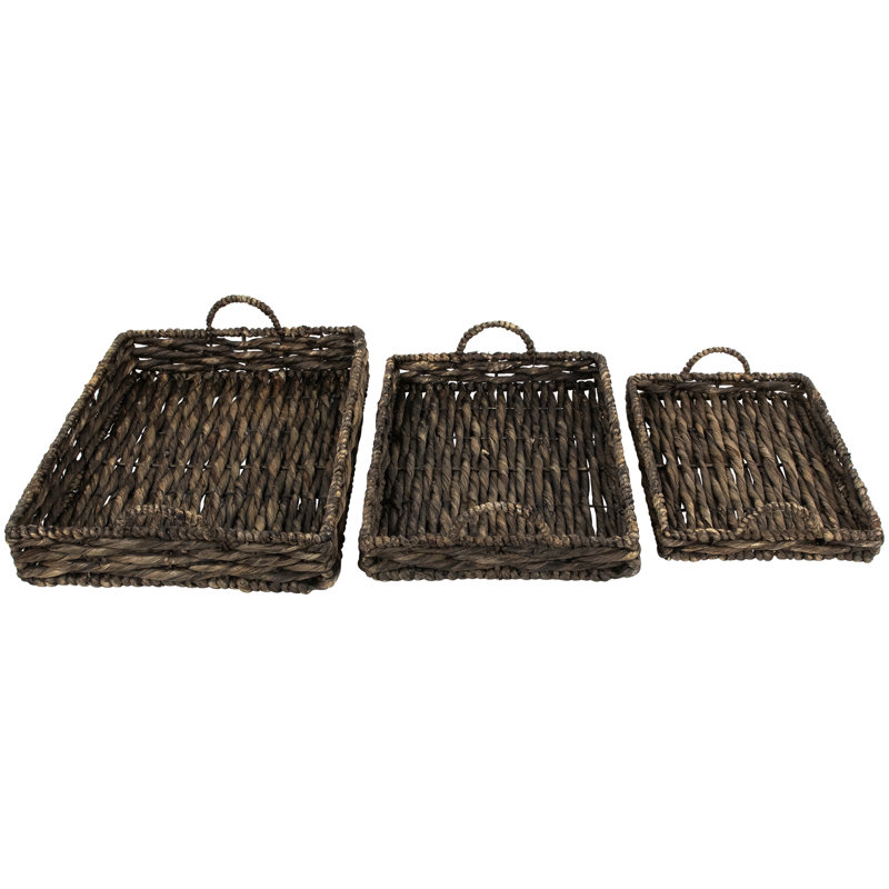 Rectangular Water Hyacinth Trays With Handles - 13.75" - Brown - Set Of 3