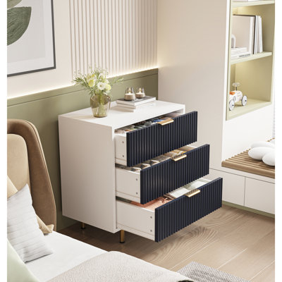 Commode à 3 tiroirs pour la chambre à coucher, table de chevet moderne cannelée avec tiroirs profonds, commode à large plateau, organisateur de commode en bois, table d'appoint pour le salon, couloir, chambre d'enfant blanc et bleu marine