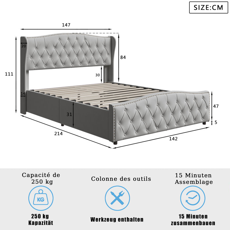 Velvet Upholstered Platform Ottoman Bed Frame with Wingback and Nailhead Trim, European Double (140 x 200 cm), Grey