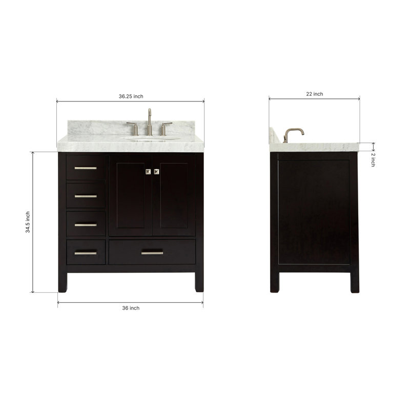 Ariel Cambridge 36 In. Right Offset Vanity With 2 In. Carrara Marble Countertop, Espresso