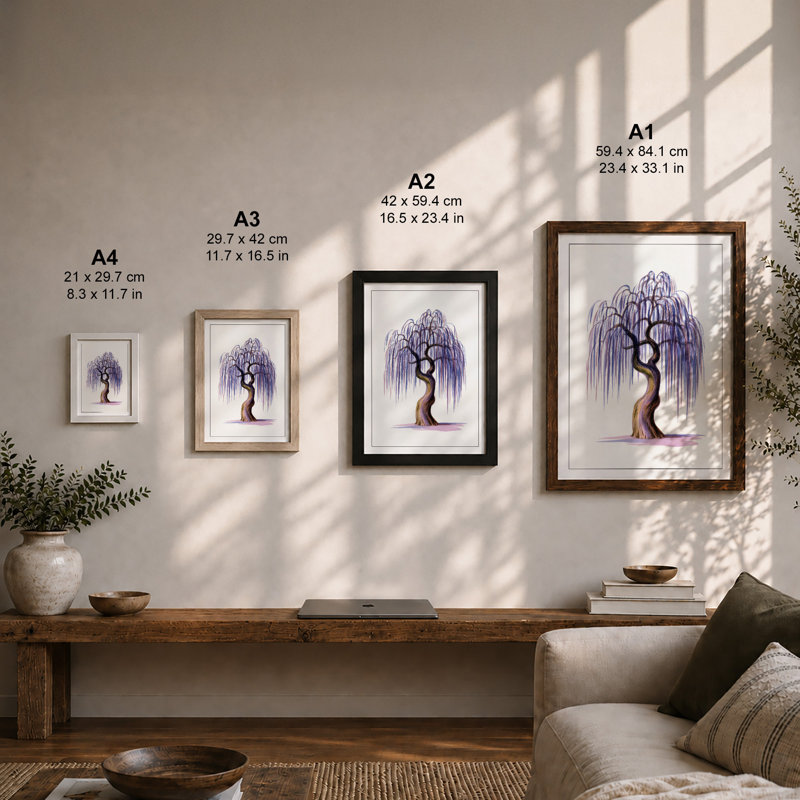 Weeping Willow At Dusk Botanical - Print, A2 - 59.4 x 42.0 cm, Walnut