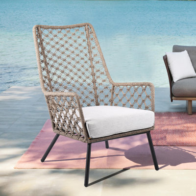 Fauteuil de jardin en acier pour intérieur/extérieur, coussin gris, design unique en corde, corde de 66 cm de profondeur, hauteur du produit : 86 cm
