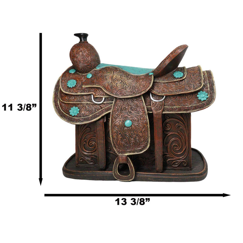 Figurine décorative de selle western, centre de table, similicuir travaillé, accents turquoise, 33 cm (L)