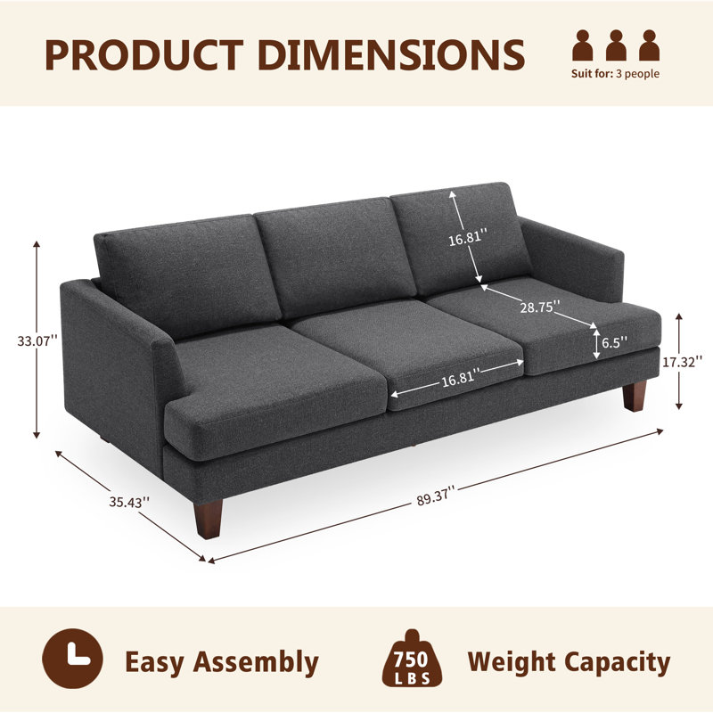 89" Upholstered Square Arm Sofa Couch 3 Seater Sofa for Apartment, Dark Gray