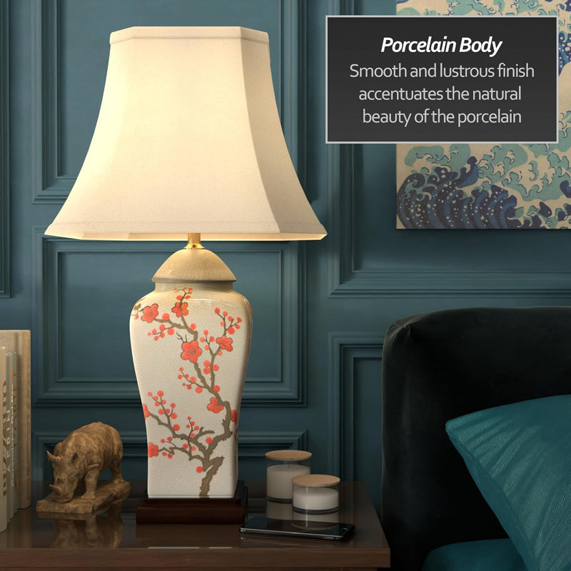 Hand-Painted Cherry Blossom Porcelain Table Lamp With Square Bell Shade And UL-Approved Wiring
