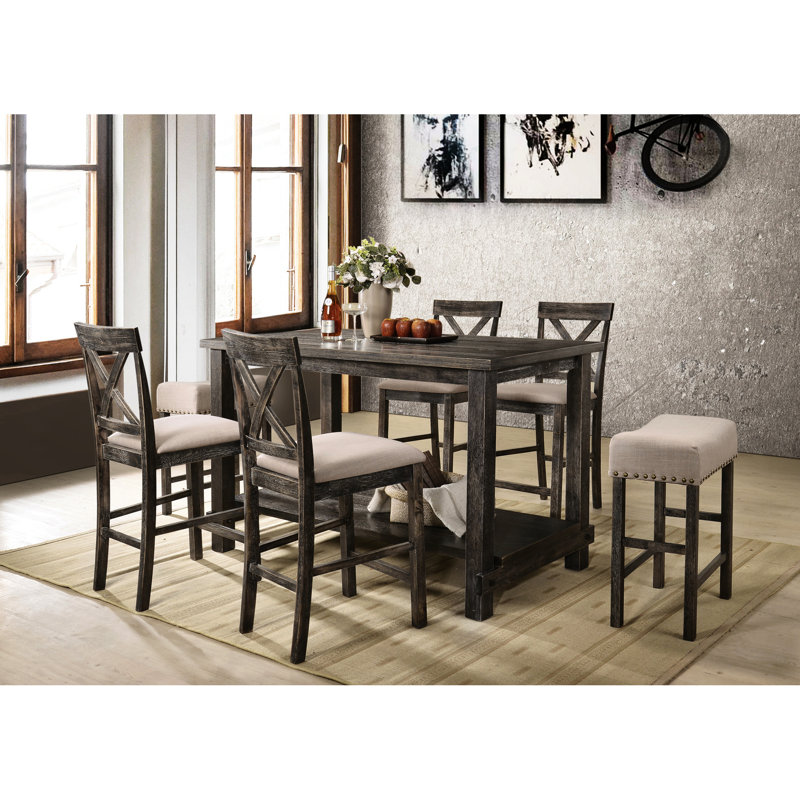 Table rectangulaire à hauteur de comptoir patinée gris pour salle à manger pour 6 personnes