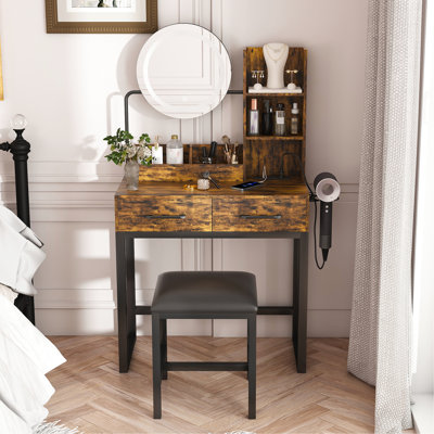 Coiffeuse DEL avec luminosité réglable, 2 tiroirs, étagères de rangement et prises électriques, brun, plateau avec interrupteur de température de couleur (naturel/chaud/froid), style américain.