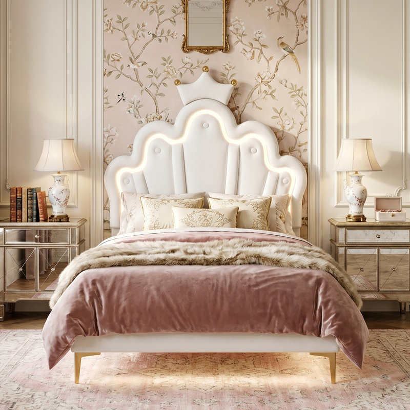 Multi-Sizes Upholstered Princess Bed With Dual-Zone Led, PU Leather Height-Adjustable Headboard, Pink/White (90x190, 90x200, 140x200)