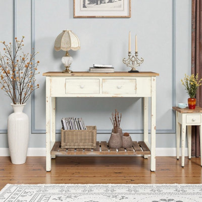 Vintage Distressed Finish Two-Drawer Console Table With Open Shelf - Solid Wood 36 W X 18 D X 30 H For Entryway And Living Room