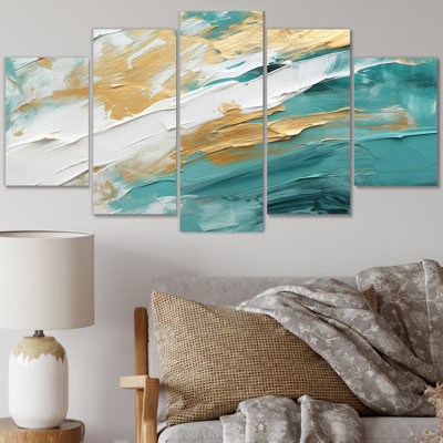 Golden Morning Glory, peinture sur or - art moderne sur toile Midcentury - 5 panneaux