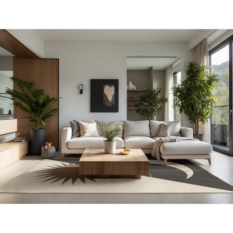 Soft Plush Hewson Sun Moon Duality Minimalist Geometric Area Rug in Beige – Beige Binding, 2x4