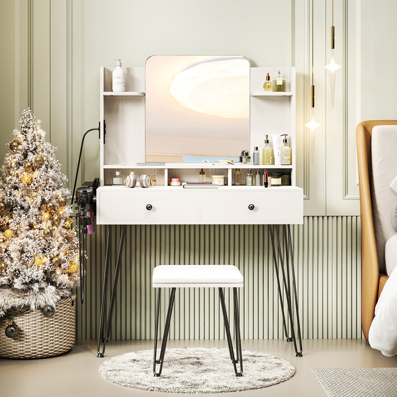 Ensemble de coiffeuse avec miroir, prises de courant et tabouret de coiffeuse, Blanc