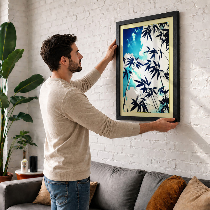 Bamboo Against Sky Japandi - Single Picture Frame Print, A2 - 59.4 x 42.0 cm, Black