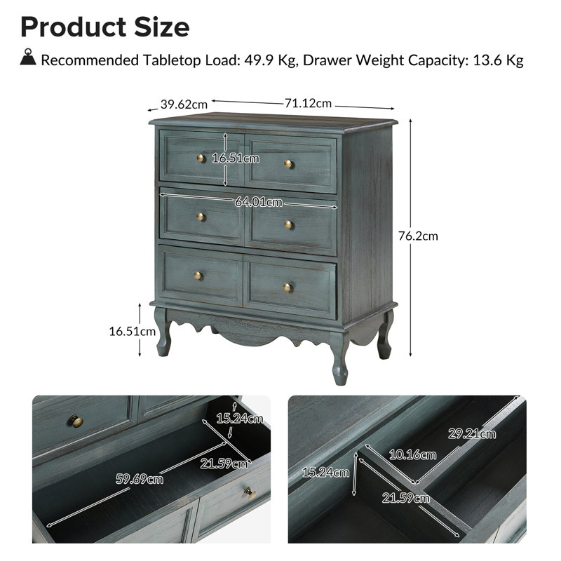 Hippe 71.12cm Wide Country Solid Wood Rectangle Accent Cabinet with Faux Six-Drawer Front, Blue