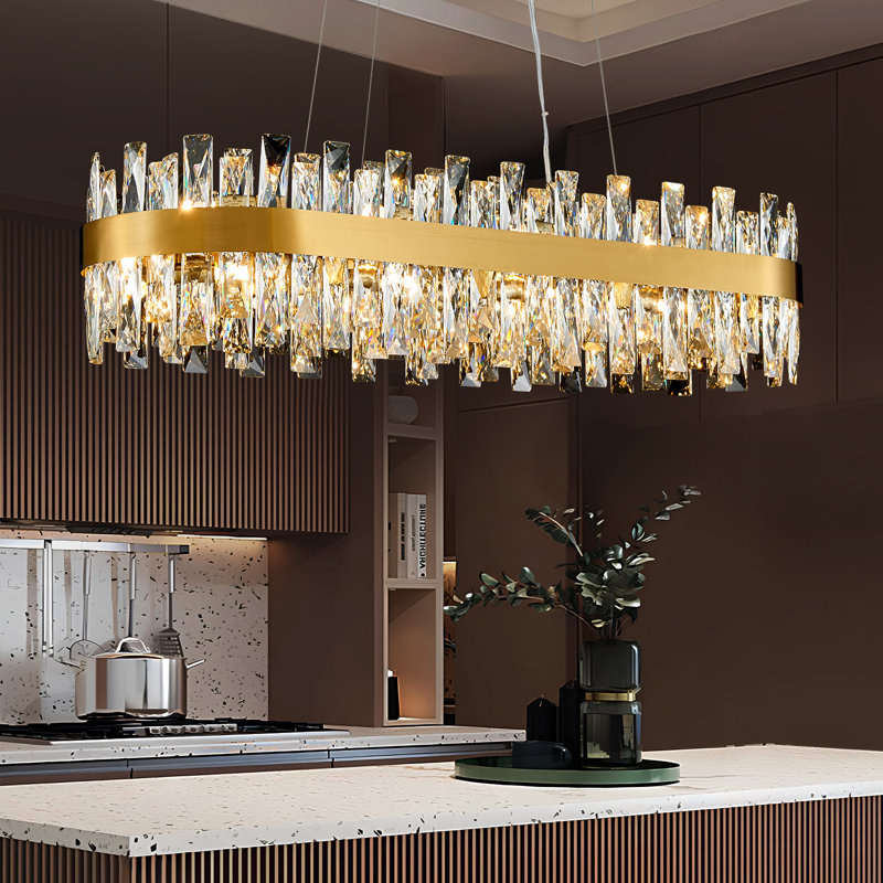 Light Dimmable Square / Rectangle Crystal Chandelier, Gold, 9.8" H x 35.4" W x 11.8" D