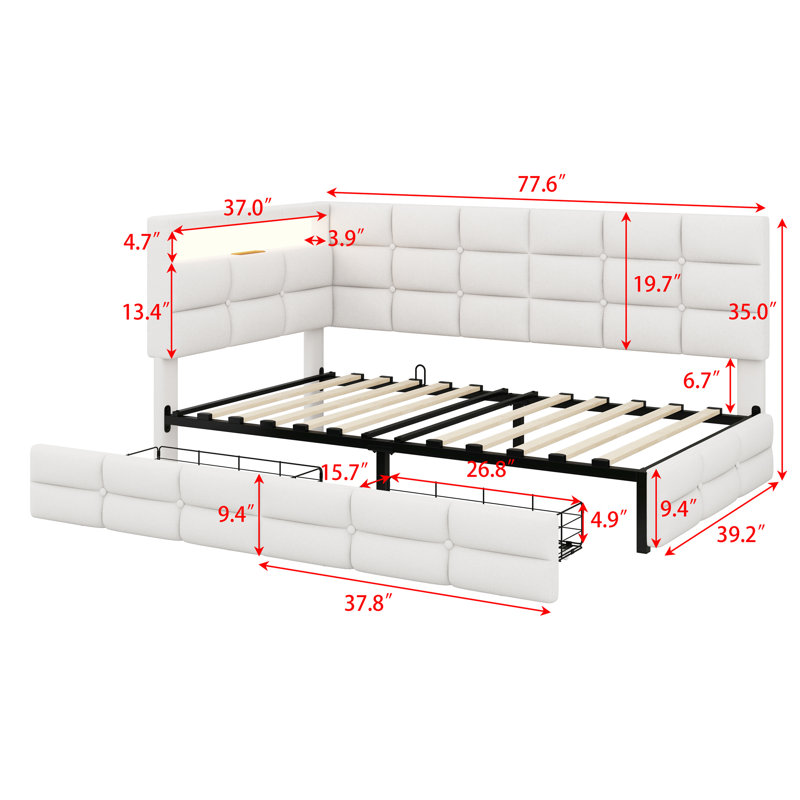 Upholstered Daybed With Storage 2 Drawers And Charging Station, Day Bed Frame With LED Lights And Storage Headboard, Beige