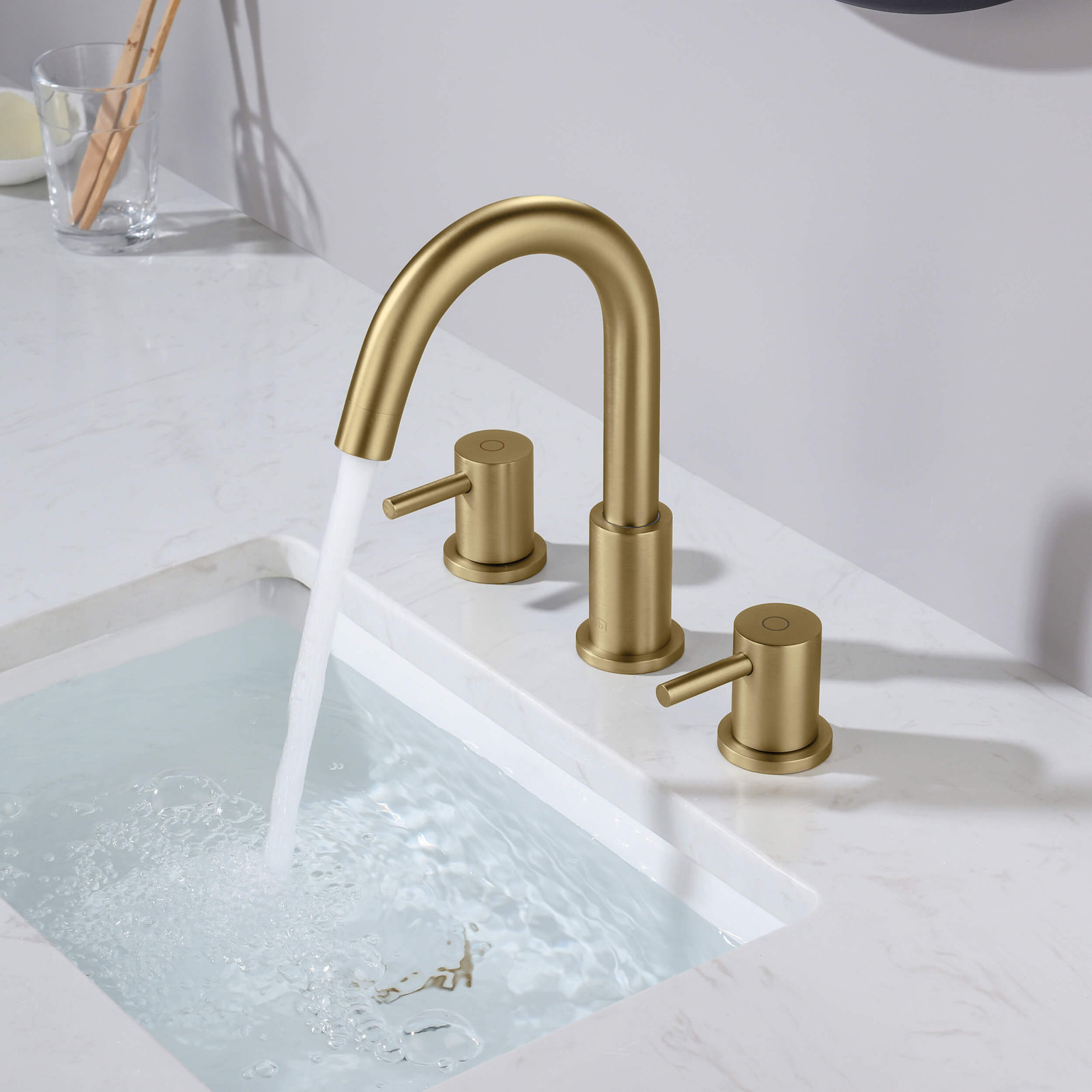 Circular Widespread Bathroom Faucet with Drain, Brushed Brass