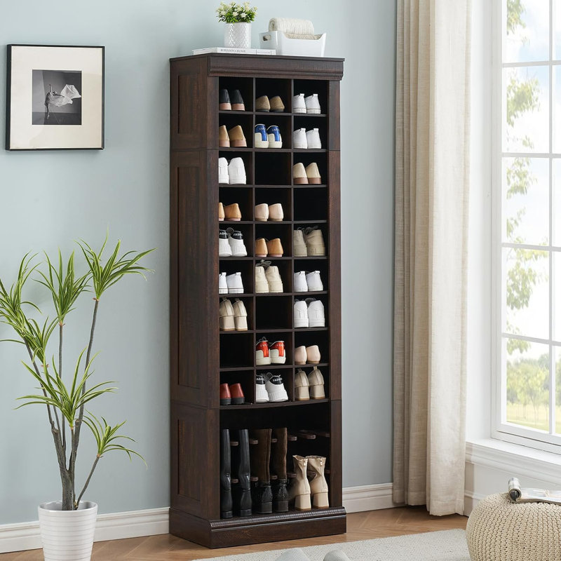 Armoire à chaussures, armoire de rangement pour chaussures avec portemanteau, Brun