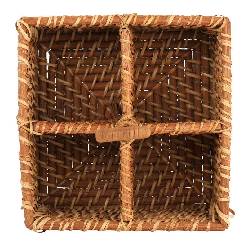 Brown Rattan Woven 4-Section Flatware Caddy with Handle
