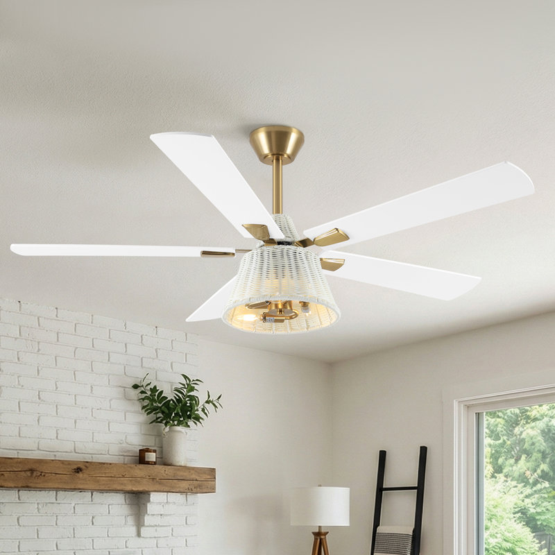 Ventilateur de plafond 52 po en rotin blanc avec ensemble d'éclairage et télécommande