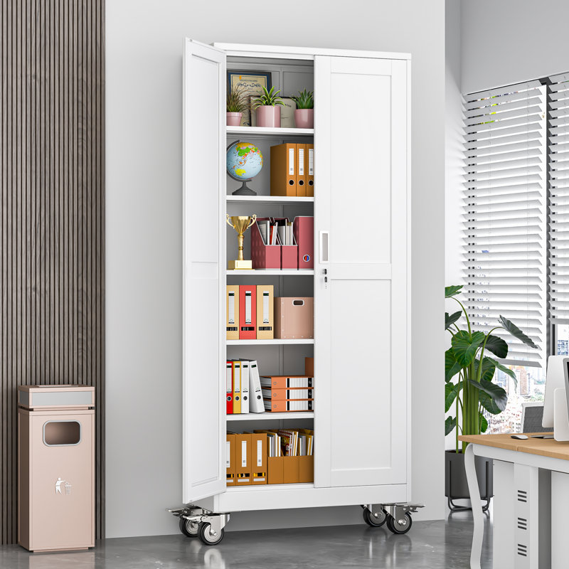 74.8"H Metal Garage Storage Cabinet Black with Wheels and 5 Adjustable Shelves, White