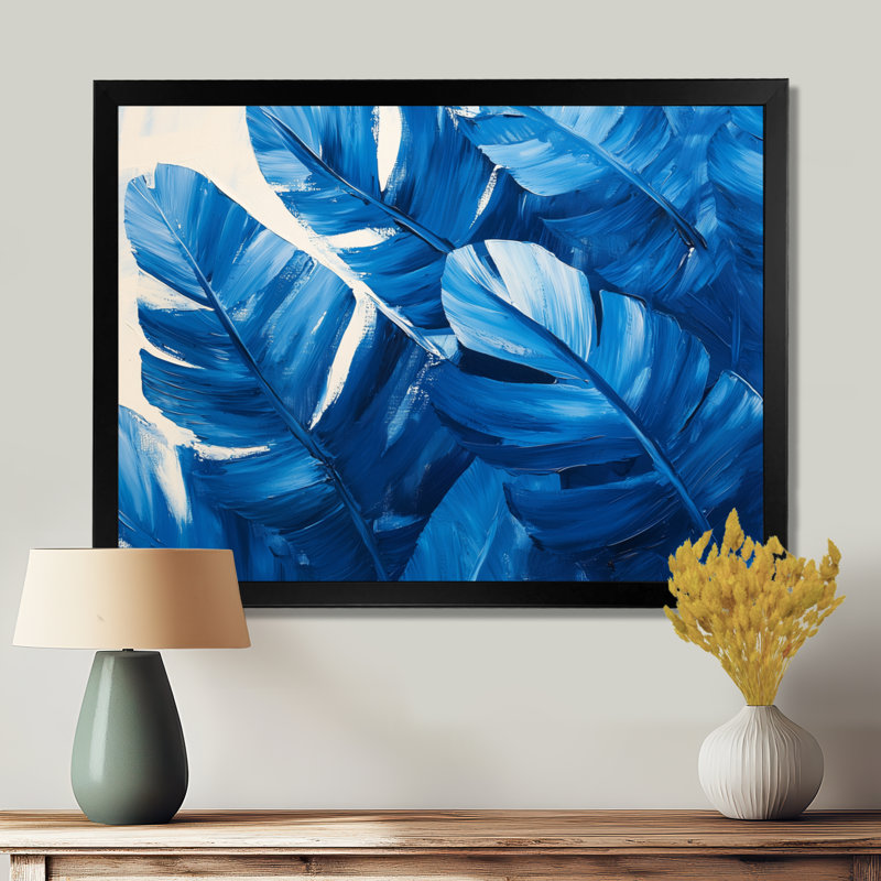 Palmiers en velours bleu harmonie II - palmier, art mural, H 12 po x l 20 po, Reproduction d'une seule photo avec cadre, Noir