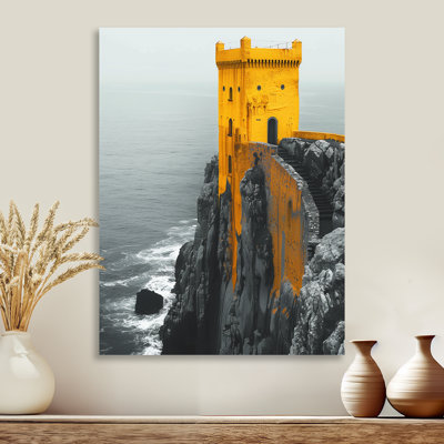 Monochrome Yellow Grey Winter Coastal Castle I - Castles Wall Art Print
