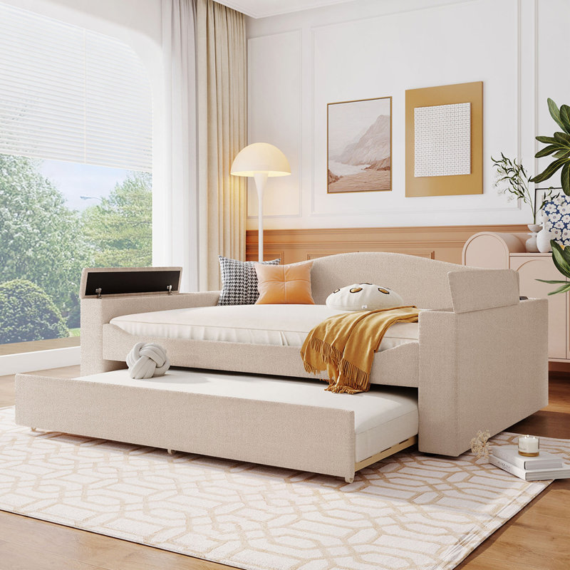 Lit de jour double avec lit gigogne, Beige, Complète