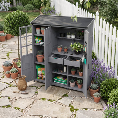 Fir Wood Garden Storage Shed with Potting Workstation, Shelves, Drawers and Hooks