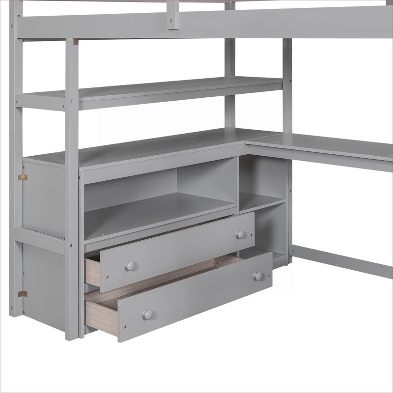 Lit mezzanine pleine grandeur en pin massif gris froid avec bureau intégré, tablettes et rangement pour chambres résidentielles
