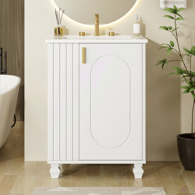 Meuble-lavabo 24 po avec lavabo, armoire de salle de bain avec tablette de porte, rangement latéral ouvert, structure en bois massif, porte à fermeture douce