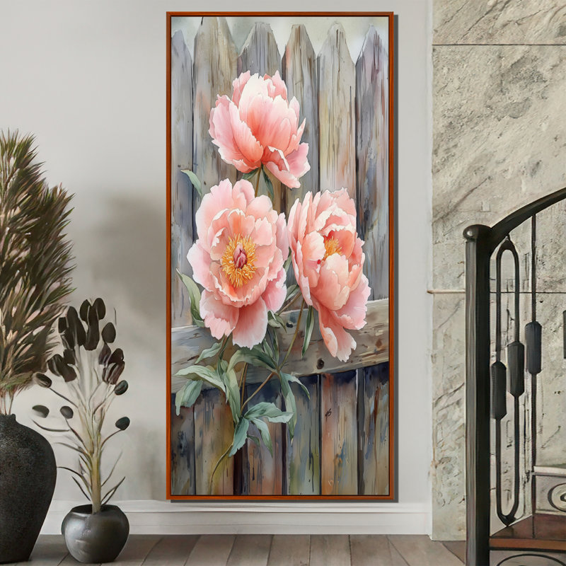 Pivoines à la ferme clôture I - pivoines, art mural, H 60 po x l 28 po, Brun, Reproduction avec cadre flottant