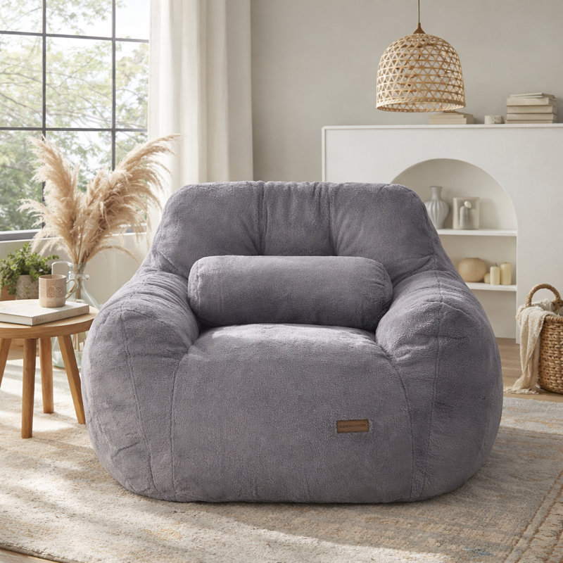 Oversize 46" Faux Fur Tufted Compression Bean Bag Chair with Pillow & Pocket, Memory Foam Filled, Dark Gray Faux Fur