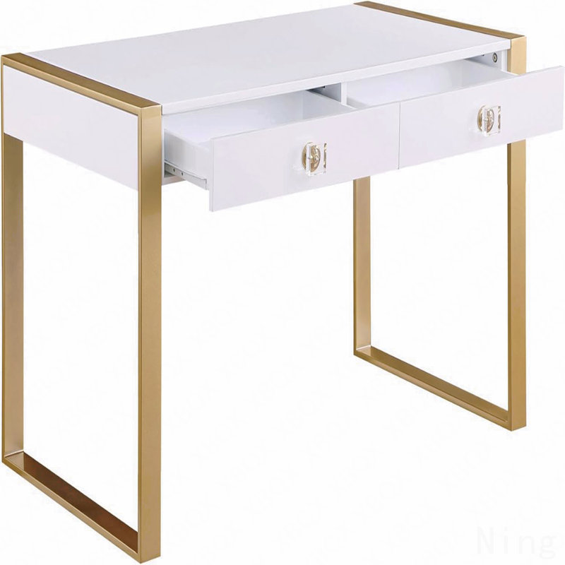 Bureau d'ordinateur moderne blanc / or, bois métal avec 2 tiroirs pour la salle d'étude de la maison, finition laquée
