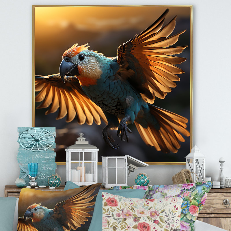 Vol de perroquets bleus coucher de soleil doré, Cadre flottant doré, 30" H x 30" W