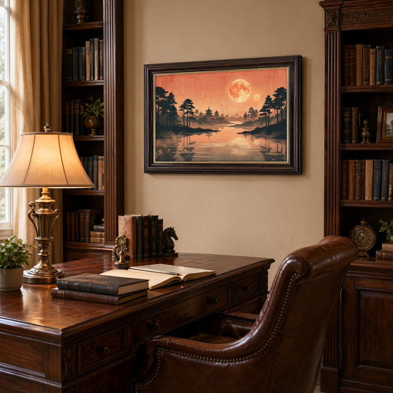 Art mural antique sur toile encadré doré pour le salon, la chambre à coucher, le bureau ou le vestibule - Décoration murale décorative avec forêt clair de lune