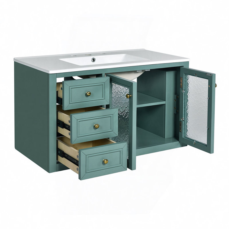 Meuble-lavabo mural avec lavabo en céramique, armoire de rangement flottante avec 3 tiroirs, armoire de salle de bain en bois massif