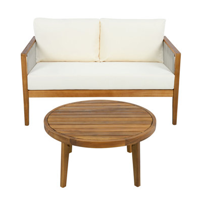 Ensemble de causeuse et de table basse d'extérieur, structure en bois d'acacia avec détails en corde, coussins hydrofuges pour patio / cour arrière / terrasse