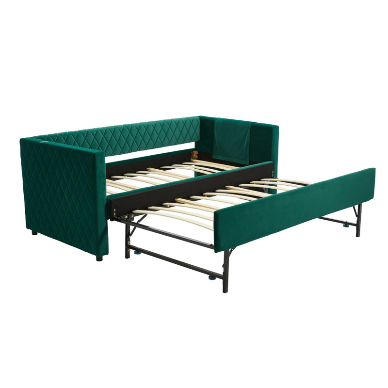Velvet daybed, sturdy wooden bed frame, modern diamond grid pull-out design, perfect for bedroom, living room furniture