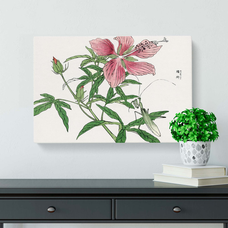 Praying Mantis And Pink Flower - Wrapped Canvas Painting, 60cm H x 91cm W x 3cm D